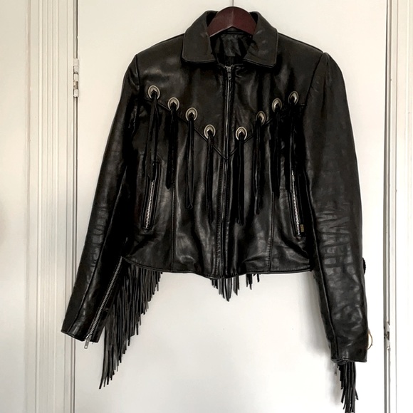 Vintage Black Gypsy Fringe Leather Jacket - Size 8 - Picture 1 of 10